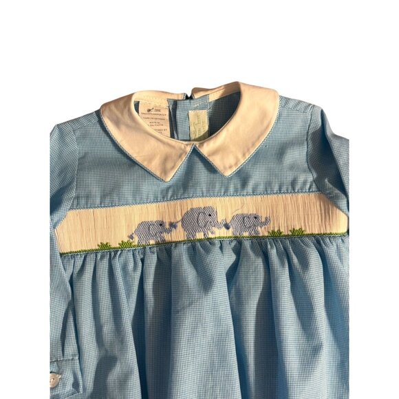 Collection Vive La Fete Baby Blue Long-Sleeve Smocked bubble Gown With Elephant - Picture 2 of 7